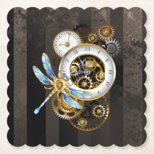 Dessous-de-verre En Papier Horloge à vapeur avec libellule mécanique