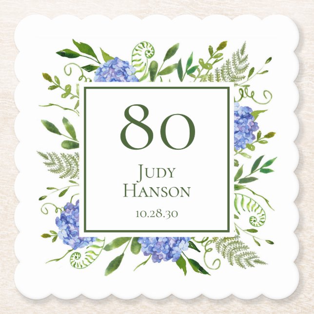 Dessous-de-verre En Papier Hydrangeas bleues pour 80e anniversaire (Devant)