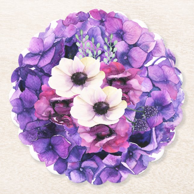Dessous-de-verre En Papier Hydranger en violet avec fleurs blanches (Devant)