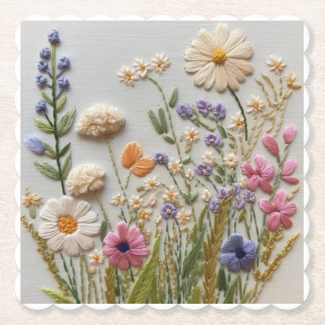 Dessous-de-verre En Papier Jolie broderie Fleur sauvage Pastel (Devant)