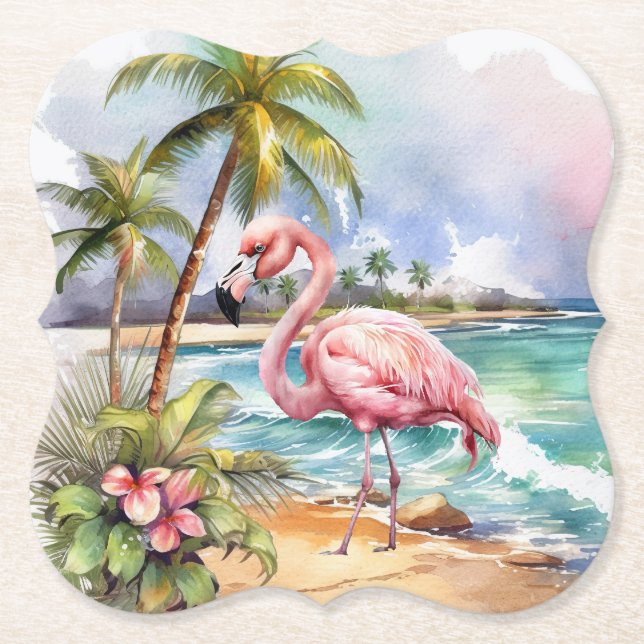 Dessous-de-verre En Papier Jolie plage rose flamingo fête (Devant)