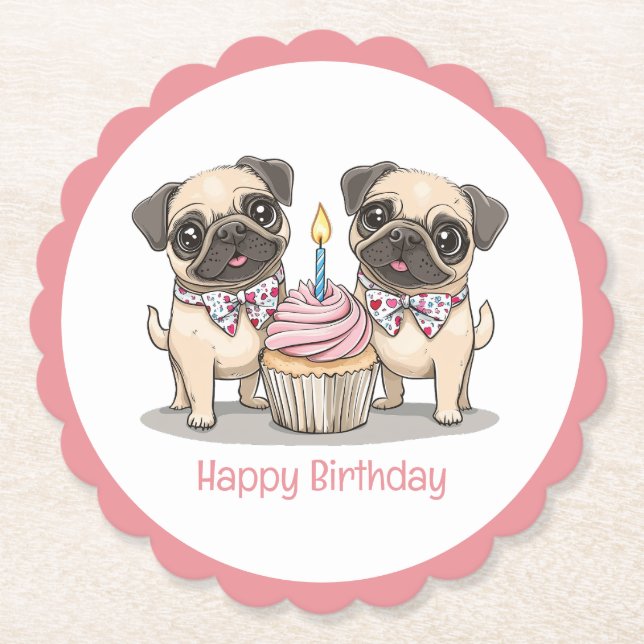 Dessous-de-verre En Papier Joyeux Carlin d'anniversaire Chiens Cupcake (Devant)