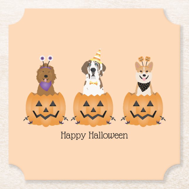 Dessous-de-verre En Papier Joyeux Chiens D'Halloween En Citrouille (Devant)