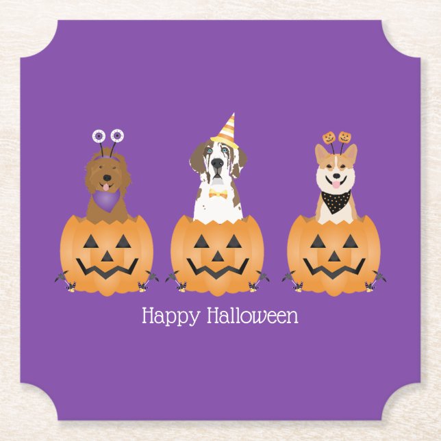 Dessous-de-verre En Papier Joyeux Chiens D'Halloween En Citrouille (Devant)