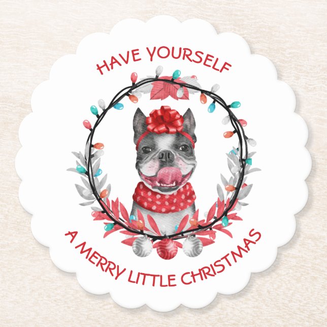 Dessous-de-verre En Papier Joyeux Noël à Boston Terrier (Devant)