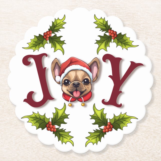 Dessous-de-verre En Papier Joyeux Noël Joy Cute French Bulldog holly (Devant)