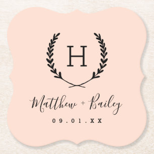 Dessous-de-verre En Papier Laurel Crest Mariage Monogramme Blush