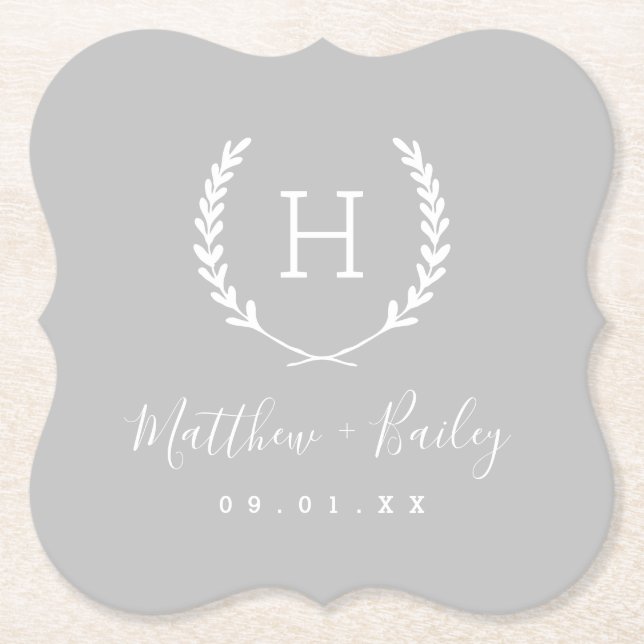 Dessous-de-verre En Papier Laurel Crest Mariage Monogramme | Gris (Devant)