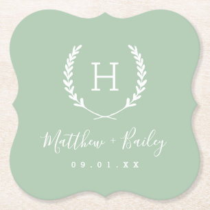 Dessous-de-verre En Papier Laurel Crest Mariage Monogramme Sage