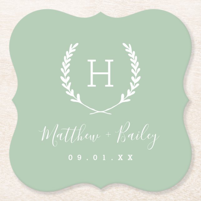Dessous-de-verre En Papier Laurel Crest Mariage Monogramme | Sage (Devant)