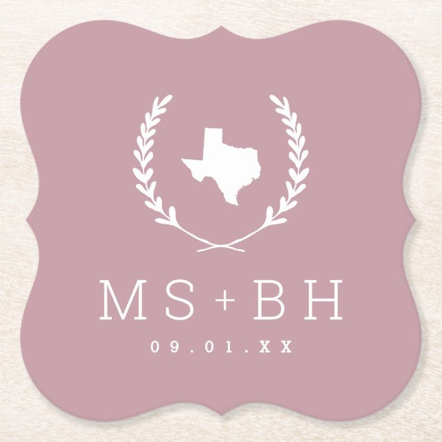 Dessous-de-verre En Papier Laurel Crest Texas Mariage Monogramme | Mauve (Devant)