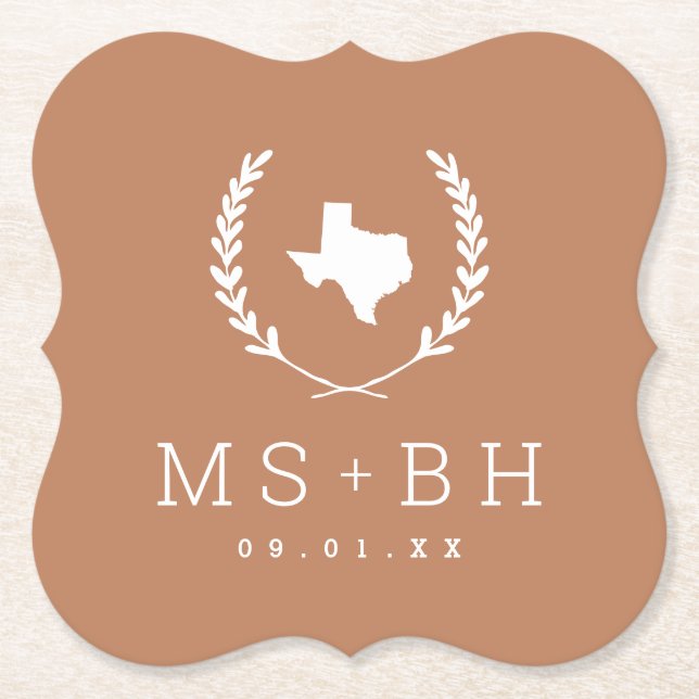 Dessous-de-verre En Papier Laurel Crest Texas Mariage Monogramme | Terra Cost (Devant)