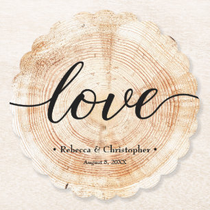 Dessous-de-verre En Papier Lover Script Bois Slice Rustique Mariage personnal