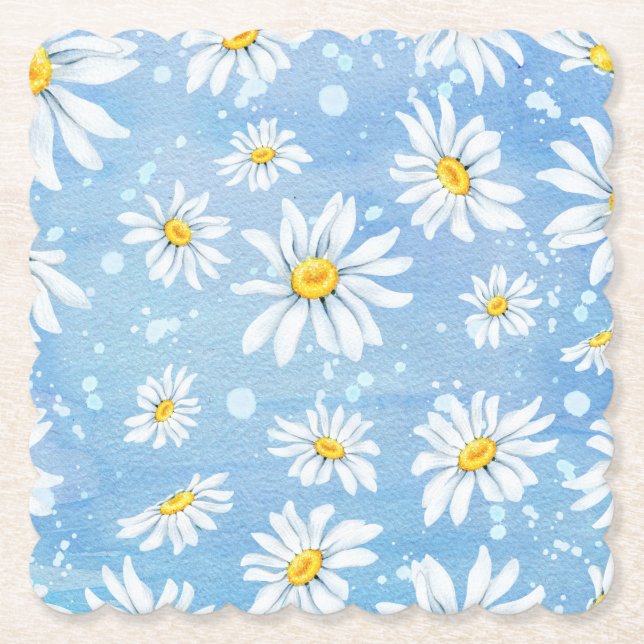Dessous-de-verre En Papier Marguerites blanches ensoleillées sur le bleu (Devant)
