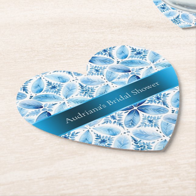 Dessous-de-verre En Papier Mariage Blanc Bleu Fleuris Baticolle (Incliné)