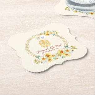Dessous-de-verre En Papier Mariage chinois cadre jaune oiseau fleuri élégant