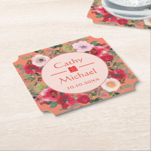 Dessous-de-verre En Papier Mariage chinois moderne orangé cercle fleuri