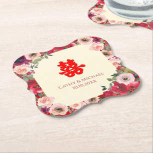 Dessous-de-verre En Papier Mariage chinois rouge jardin fleuri double bonheur