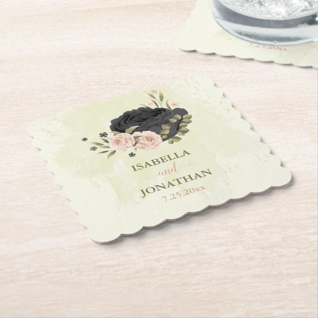 Dessous-de-verre En Papier mariage de fleurs roses noires (Incliné)