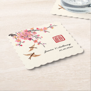 Dessous-de-verre En Papier Mariage d'oiseau fleuri à l'encre chinoise