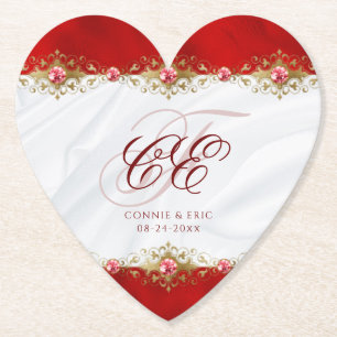 Dessous-de-verre En Papier Mariage élégant Monogramme Rouge or Floral