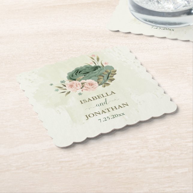 Dessous-de-verre En Papier mariage fleurs vert sauge (Incliné)