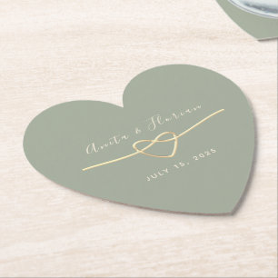 Dessous-de-verre En Papier Mariage Monogramme Vert Sauge Coeur