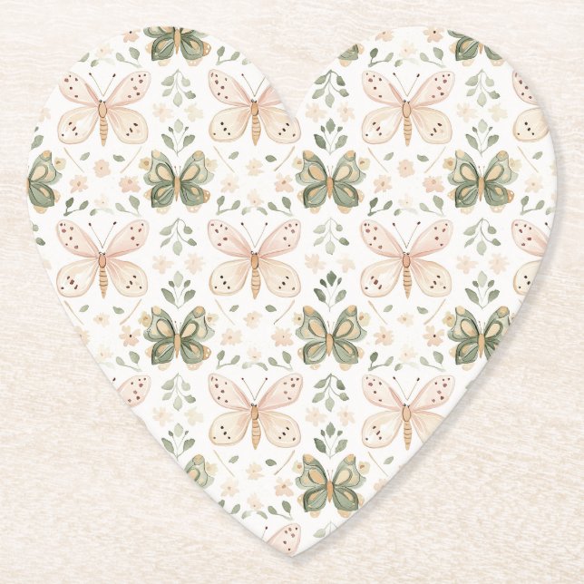 Dessous-de-verre En Papier Mariage Papillons Rose Pâle Vert Menthe (Devant)