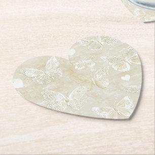 Dessous-de-verre En Papier Mariage Romantique Crème Papillons Cœurs Ivoire