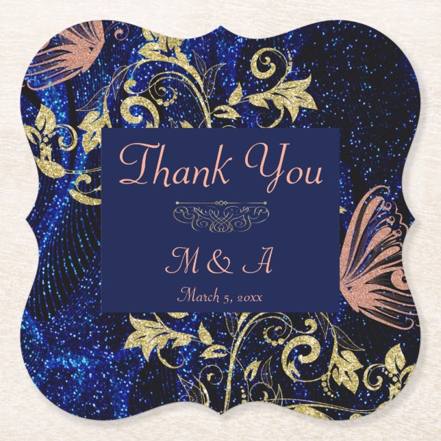 Dessous-de-verre En Papier Mariage Royal Blue Gold Butterfly (Devant)