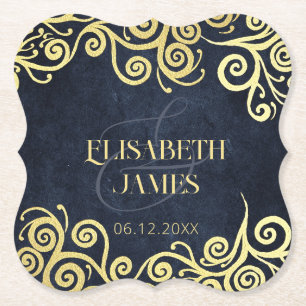 Dessous-de-verre En Papier Mariage Sophistiqué  Blue Gold Swirls