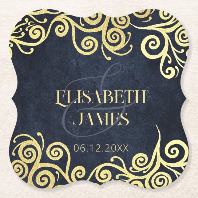Dessous-de-verre En Papier Mariage Sophistiqué  Blue Gold Swirls (Devant)