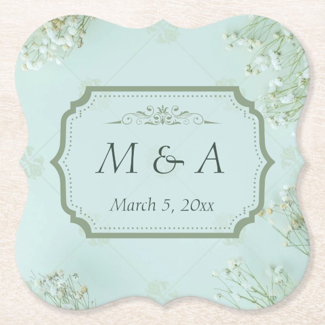 Dessous-de-verre En Papier Mariage Turquoise Fleurs blanches Pastel (Devant)