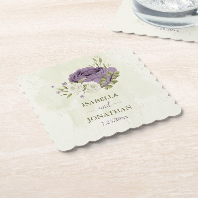 Dessous-de-verre En Papier mauve fleurs blanches verdure mariage (Incliné)