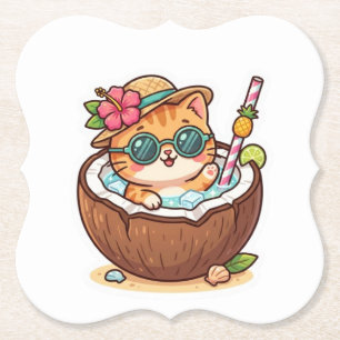 Dessous-de-verre En Papier Mignon Kawaii Chat au Coco Lunettes d'Été Autocoll