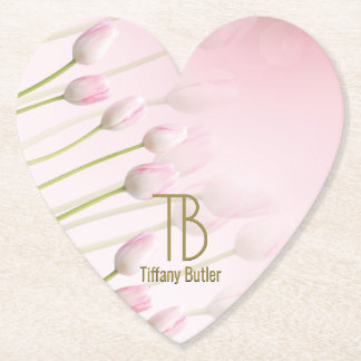Dessous-de-verre En Papier Moderne Élégant Monogramme Powder Pink Tulips Part