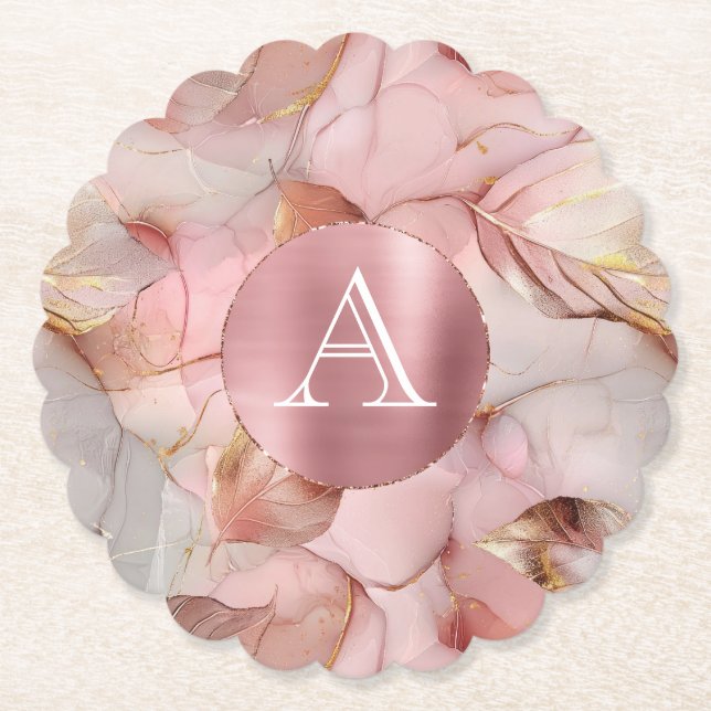 Dessous-de-verre En Papier Monogramme de Feuilles d'or rose pâle (Devant)