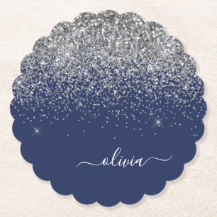 Dessous-de-verre En Papier Monogramme de nom pailleté bleu marine argenté pou