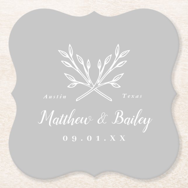 Dessous-de-verre En Papier Monogramme Mariage de branches rustiques | Gris (Devant)