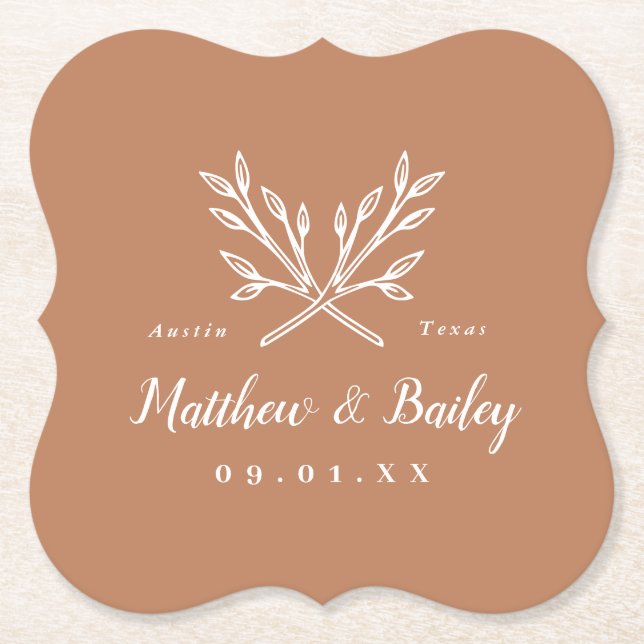 Dessous-de-verre En Papier Monogramme Mariage de branches rustiques | Terra C (Devant)