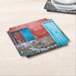 Dessous-de-verre En Papier Mur, porte et fenêtre rouge, bleu et gris