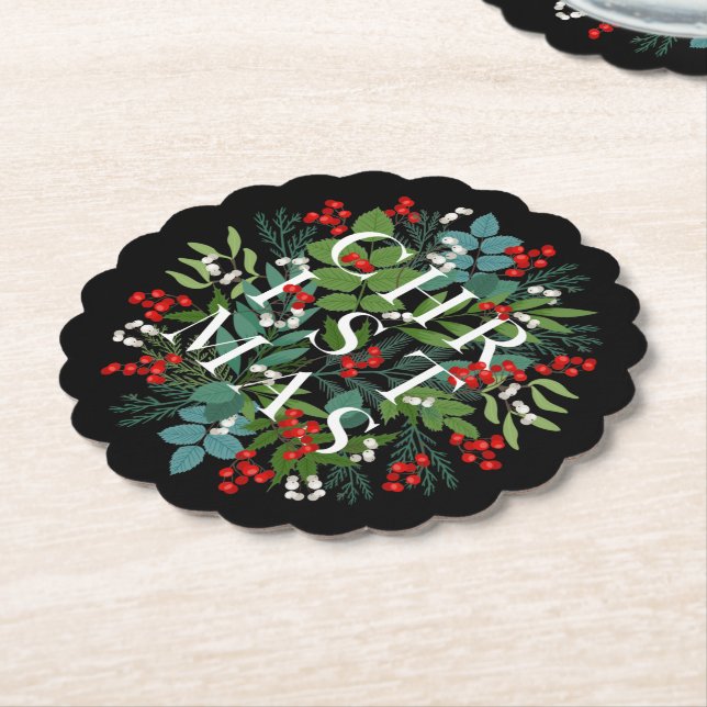 Dessous-de-verre En Papier NOËL Berries vertes Vacances Noir (Incliné)