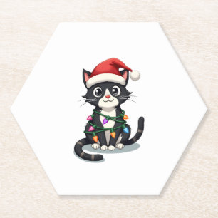 Dessous-de-verre En Papier Noël Chat Tuxedo chat noir xmas lumières kitty c
