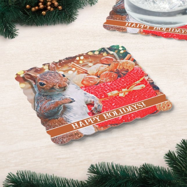 Dessous-de-verre En Papier Noix de Noël d'écureuil mignonnes (Paper coasters for your holiday party feature a cute squirrel and customizable message.)
