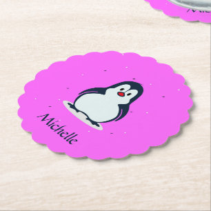 Dessous-de-verre En Papier Nom personnalisé pingouin mignon sur rose