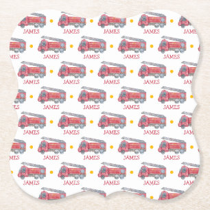 Dessous-de-verre En Papier Nom personnalisé Red Fire truck Party