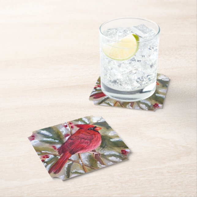Dessous-de-verre En Papier Oiseau cardinal rouge de Noël (En situation)