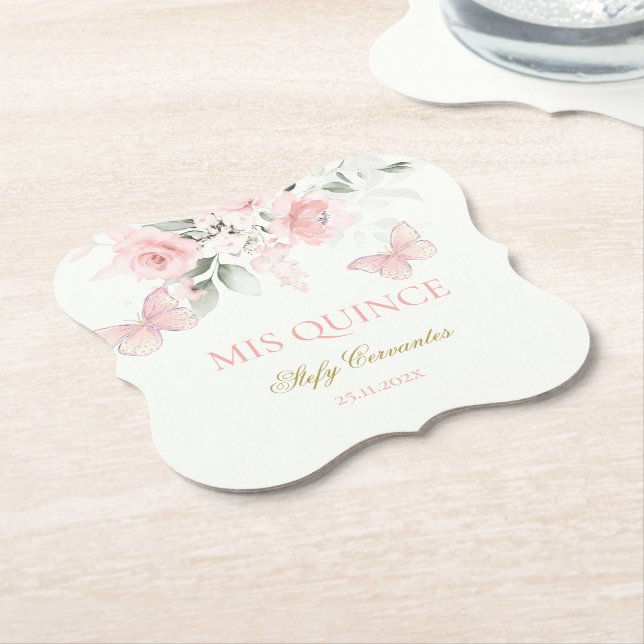 Dessous-de-verre En Papier Papillon rose Quinceañera (Incliné)