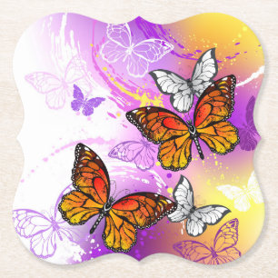 Dessous-de-verre En Papier Papillons Monarque sur Arrière - plan pourpre