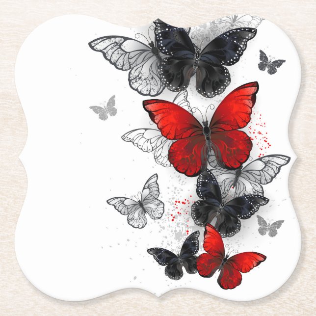 Dessous-de-verre En Papier Papillons noirs et rouges volants (Devant)